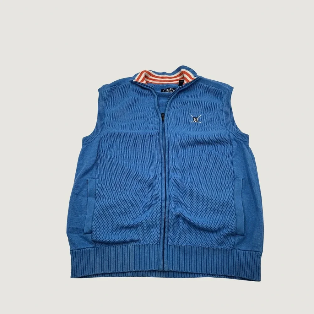 Chaps‎ Mens Blue Cotton Full Zip Sweater Vest Waffle Knit Mock Neck Logo M